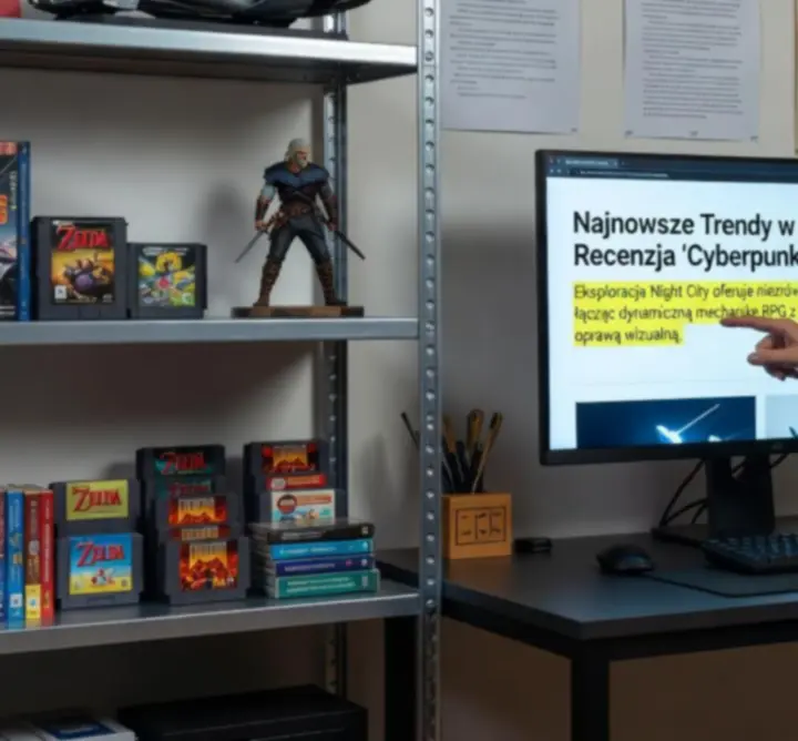 Redaktor wskazujący na wyróżnione artykuły na ekranie