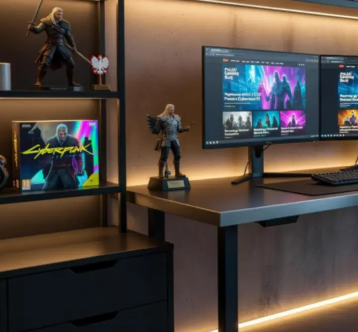 Biurko gracza z monitorami wyświetlającymi wiadomości gamingowe