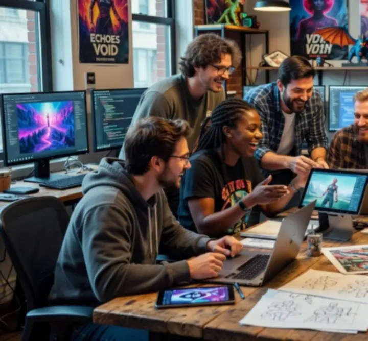 Zespół deweloperów gier podczas spotkania projektowego