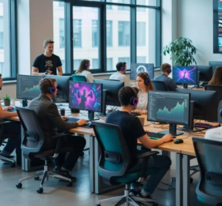 Nowoczesna redakcja gamingowa analizująca dane na ekranach